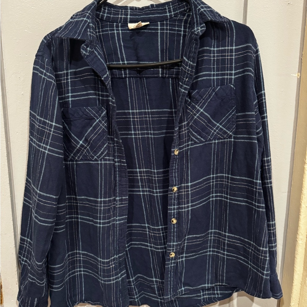 Navy Blue Plaid Button-Up Shirt
